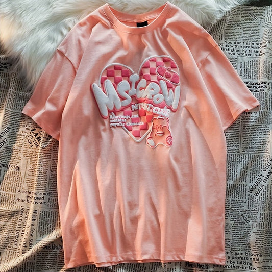Pekanbaru Kaos Oversize Msicrow Love Artist Club T-shirt Unik Berkualitas Bear Beruang Love Square Rearrange and Combine Popular Elements Korean Style