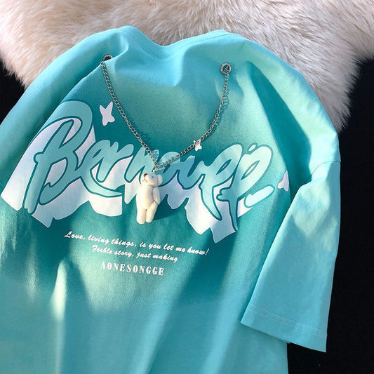 Pekanbaru Kaos Oversize Bernovee With White Bear Chain Tshirt Love Living Things T-shirt Swag Green Black White Pink Kaos Couple Unik Berkualitas Unisex Aesthetic Ombre Korean Style Street Style