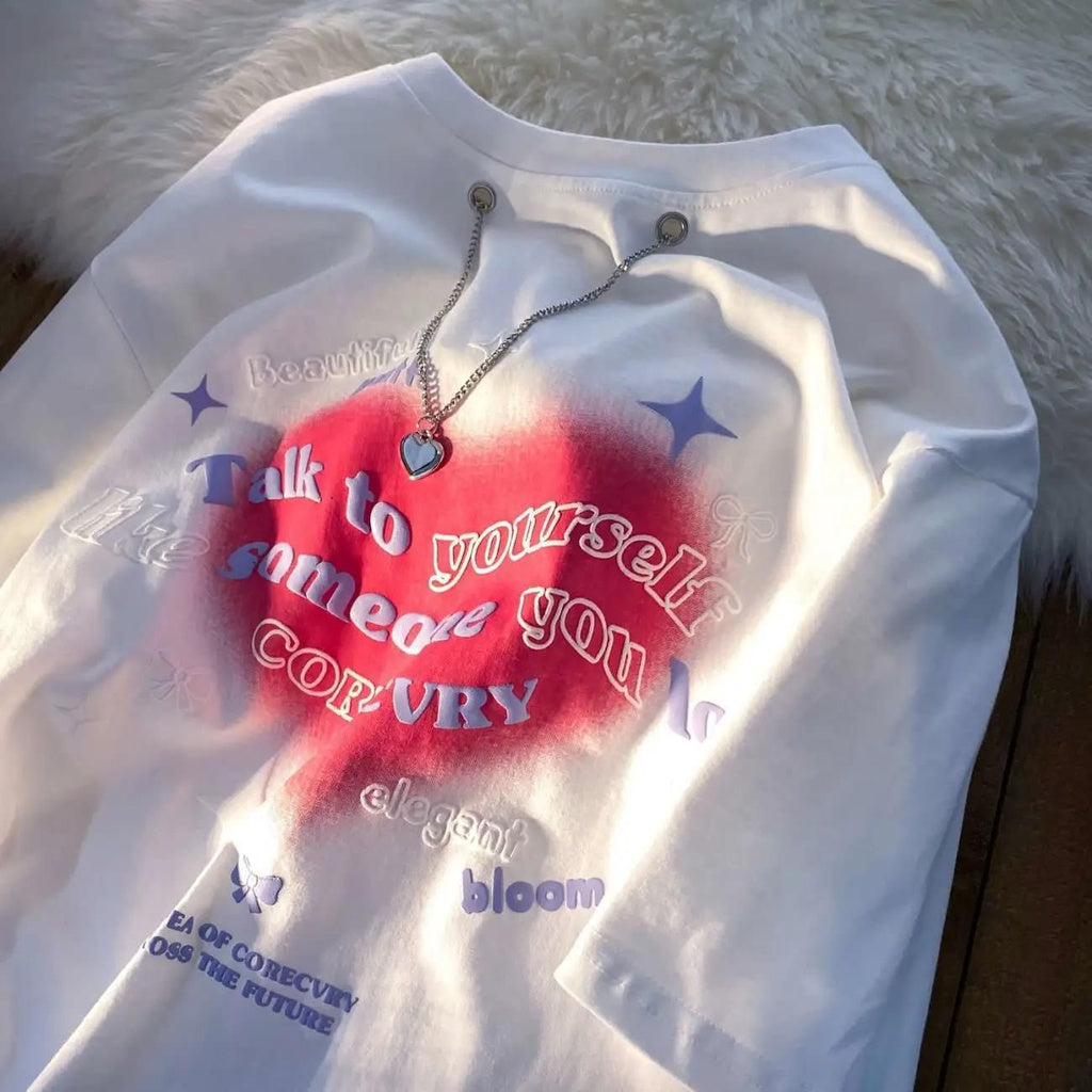 Pekanbaru Kaos Oversize Love Chain Talk To Yourself Like Someone You Love T-shirt Couple Unik With Additional Chain Kaos Timbul Berkualitas Aesthetic Tshirt Elegant Bloom Love Beautiful Street Style Korean Style