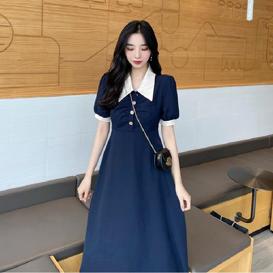 Pekanbaru Dress Panjang Lengan Pendek Berkerah Kancing Kayu X Biru Dongker Hitam Two Tone Long Dress Kerja Acara Simple Elegan Berkualitas Simply Korean Style