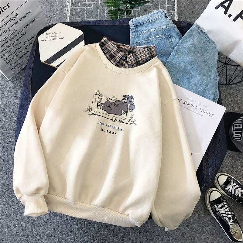 Pekanbaru Sweater Lengan Panjang Berkerah Fake Collar Shirt Motif Bear and Chicken Kaos Lengan Panjang Beruang Ayam Lucu Berkualitas Kaos Polo Lengan Panjang Sweater Berkerah Atasan Kuliah Kerja Korean Style