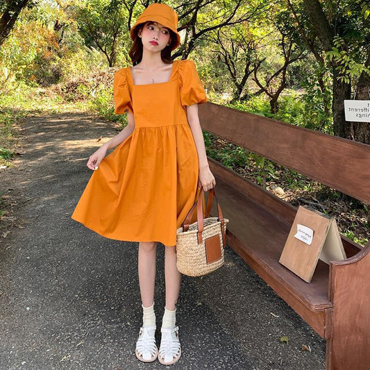 Pekanbaru Dress Square Neck Lengan Balon Simple Polos Orange Hitam Dress Bahan Berkualitas Lembut Elegan Dress Pendek Korean Style Simply Aesthetic