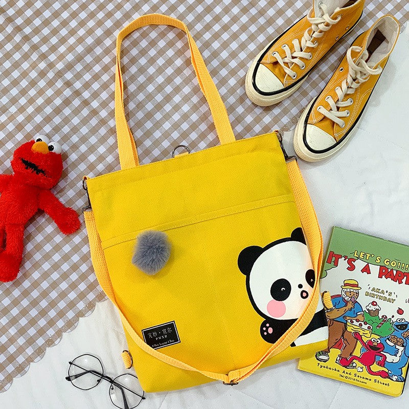 Pekanbaru Tote Bag Panda Imut Lucu Unisex Tas Totebag Resleting Multifungsi Berkualitas Tas Tote Kuliah Sekolah Motif Panda Pom-Pom Lucu Korean Style