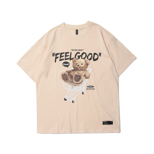 Pekanbaru Kaos Oversize Teddy Bear Trolley Kaos Couple T-Shirt Hitam Cream Kaos Feel Good Korean Style