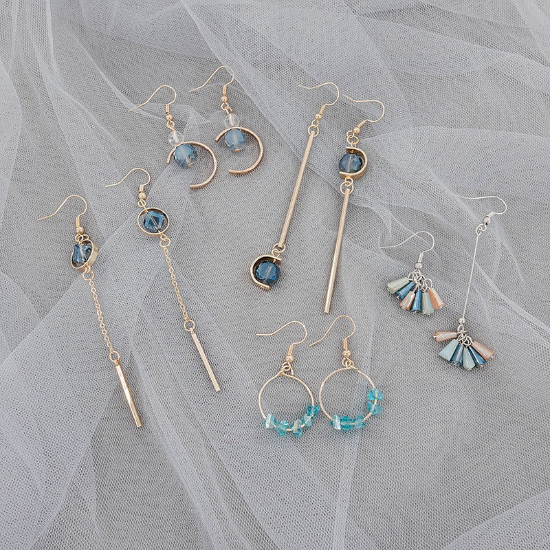 Pekanbaru Anting Wanita Korea Biru Emas Permata Anting Panjang Elegan Simple Beda Kiri Kanan Anting Berkualitas Korean Style