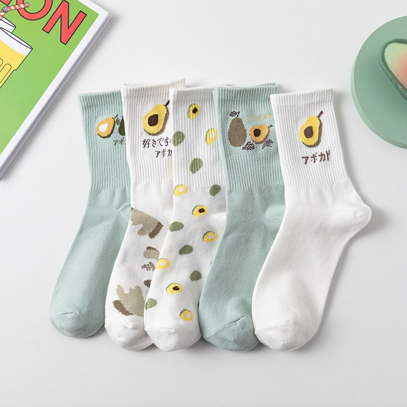 Pekanbaru Kaos Kaki Panjang Motif Avocado Women Socks Import Kaos Kaki Berkualitas Hijau Putih Buah Korean Style