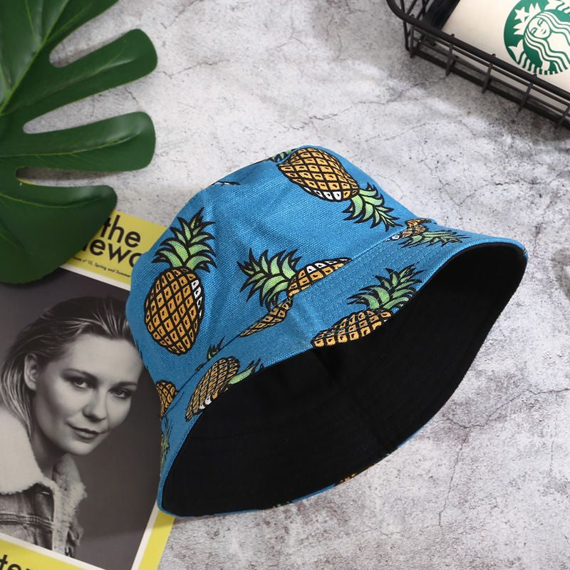 Pekanbaru Topi Bucket Motif Hawai Pisang Nenas 2 Sisi Two Side Fruit Fisherman Hat Unisex High Quality Korean Retro Style