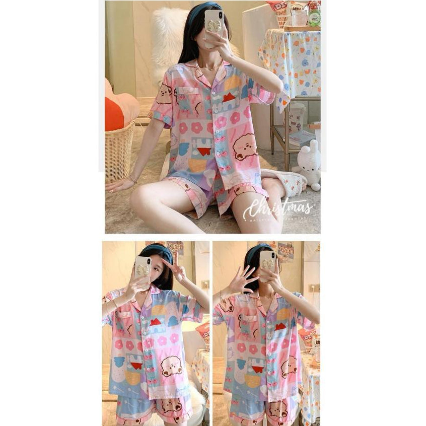 Pekanbaru Baju Tidur Set Kemeja Lengan Pendek Celana Pendek Piyama Setelan Full Pattern Piyama Kancing Depan Unik Motif Lucu Korean Style Sleep Wear Hot Pants Model Shirt