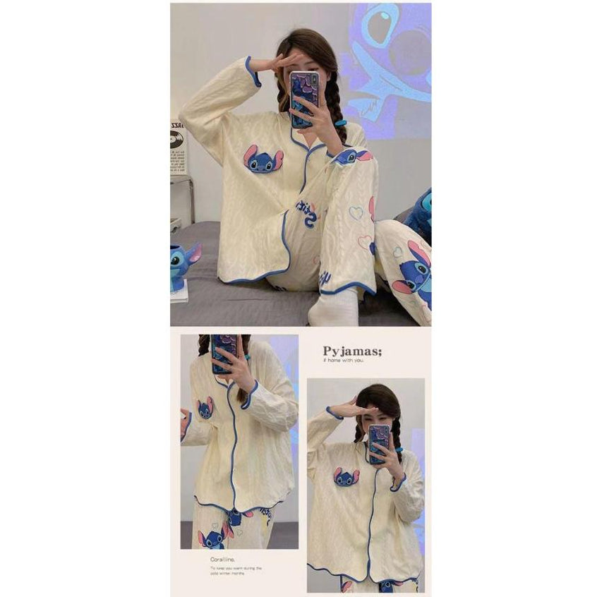 Pekanbaru Baju Tidur Set Kancing Depan Putih Cream Aesthetic Lengan Panjang Celana Panjang Bordir Lucu Unik Cute Pattern Setelan White Sleep Wear Shirt Korean Style