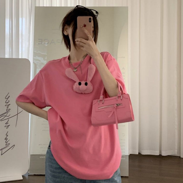 Pekanbaru Kaos Pink Jepitan Kelinci Jelek / Kaos Oversize Crop Top Rabbit Pin / Full Pink Aesthetic Korean Style