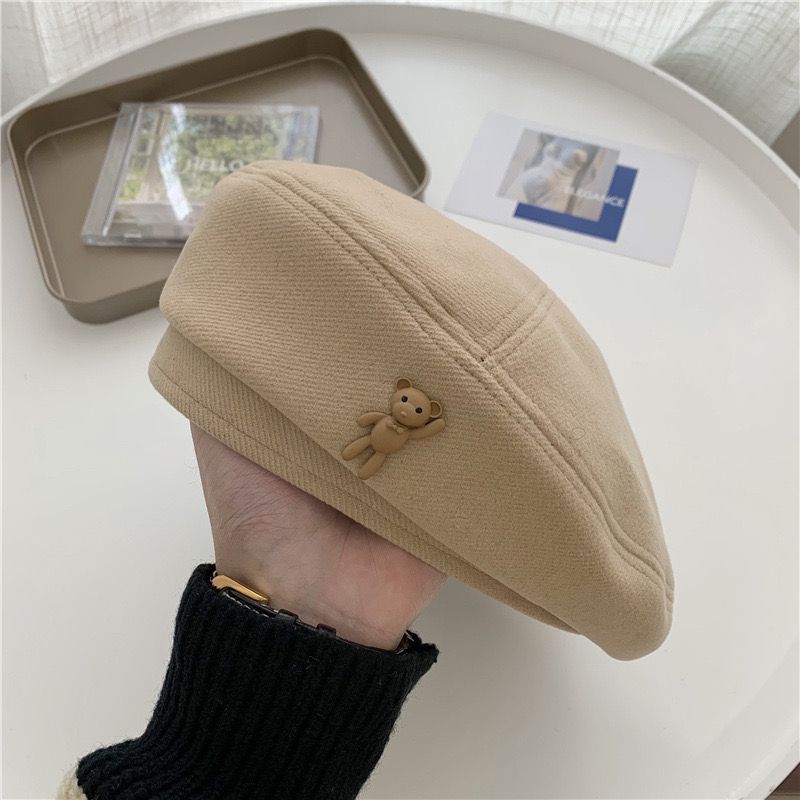 Pekanbaru Topi Baret Korea Seniman Painter Motif Teddy Bear Simple Cute Aesthetic Cap Topi High Quality Bahan Lembut Retro Korean Style