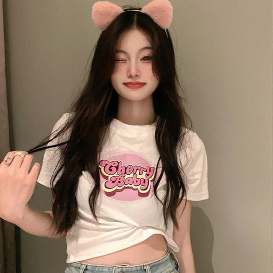 Pekanbaru Crop Top Cherry Baby / Lettering Top Atasan Wanita Hitam Putih Pink Sablon / T-shirt Crop Korean Style
