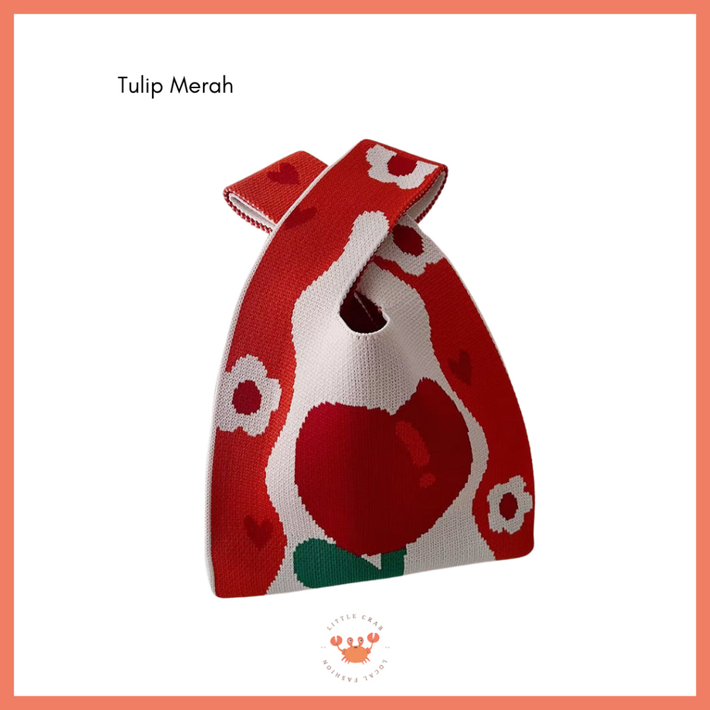 Pekanbaru Tas Rajut Motif Bunga Tulip Soft Color Aesthetic Cute Flower Knit Knot Bag Buffalow