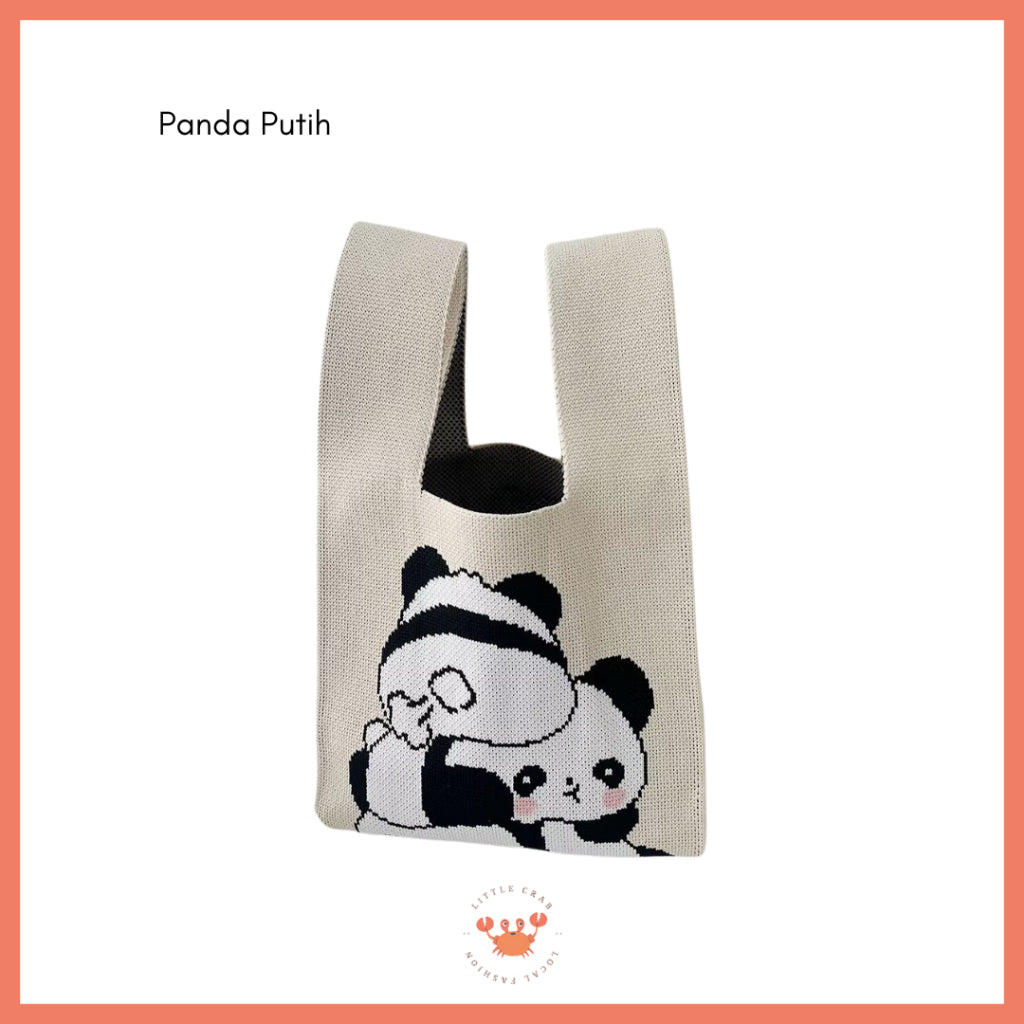 Pekanbaru Tas Rajut Motif Panda Kucing Warna Soft Pastel Lucu Unik Knit Bag Knot Mini Totebag
