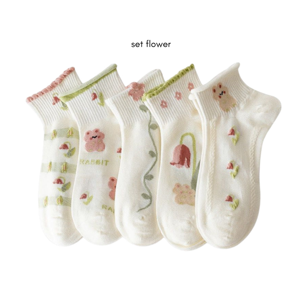 Pekanbaru Kaos Kaki Pendek Motif Flora Bunga Tulip Beruang Rabbit Short Socks Hijau Putih