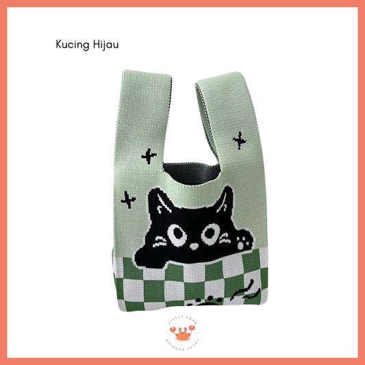 Pekanbaru Tas Rajut Motif Panda Kucing Warna Soft Pastel Lucu Unik Knit Bag Knot Mini Totebag