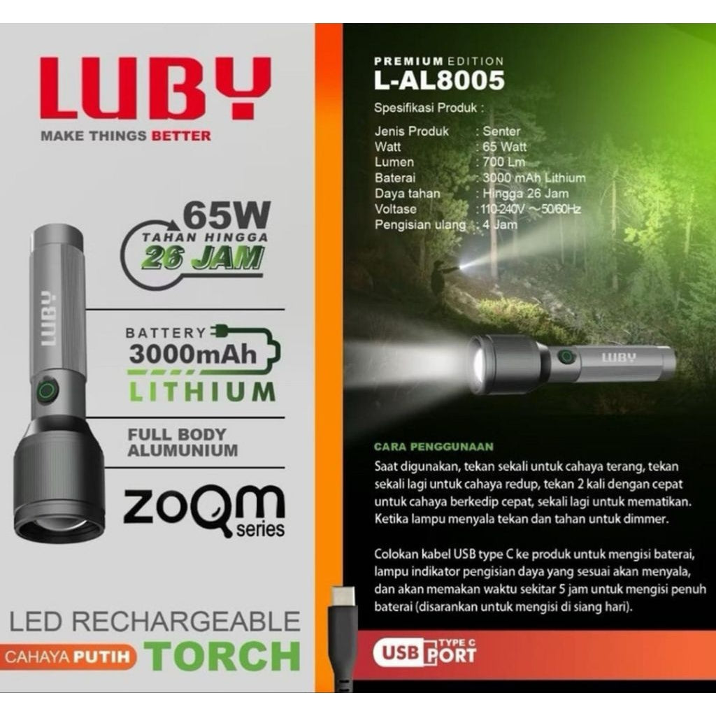 Pekanbaru Senter Luby Cahaya Putih / Senter Tangan Zoom Luby L-Al8005 65Watt