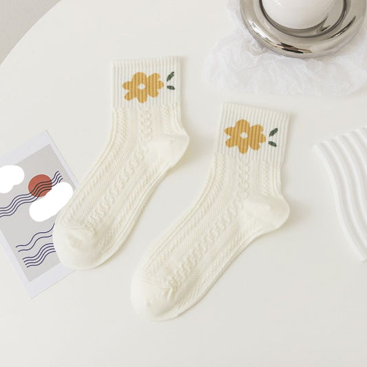 Pekanbaru Kaos Kaki Knit Hijau Bunga Daun Base Putih Cream Import Sock High Quality Cute Soft Green Korean Style