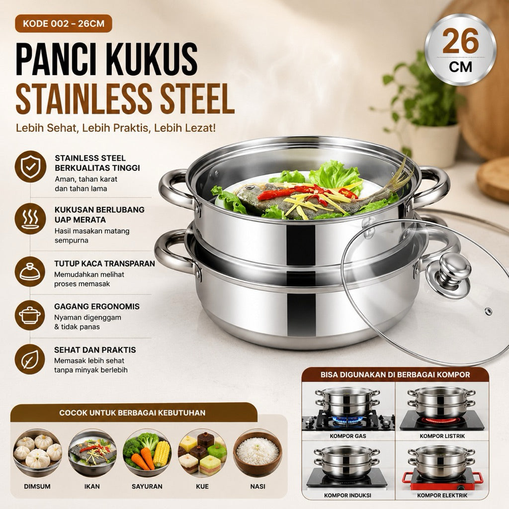 Pekanbaru Panci steamer 2 susun tutup full kaca Multifunction cookware