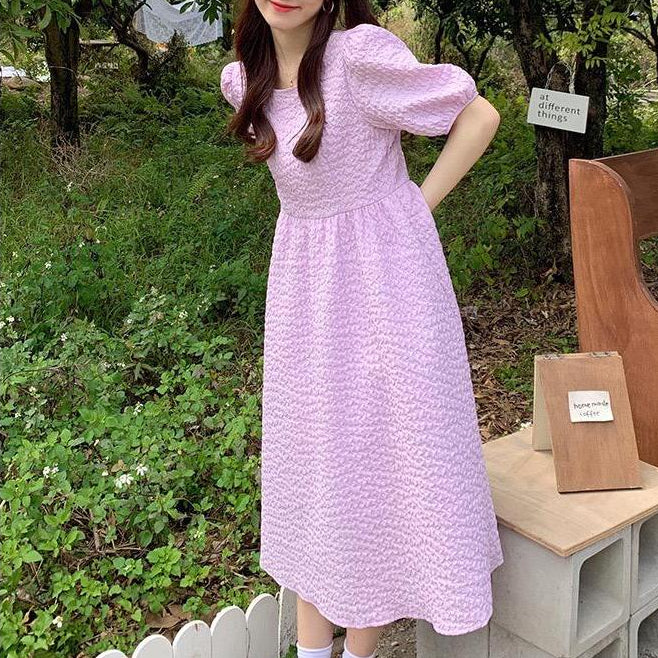 Pekanbaru Dress Bubble Panjang Tali Punggung Motif Polos Hitam Putih Lilac Simple Elegan Dress Panjang Lengan Pendek Kasual Berkualitas Simple