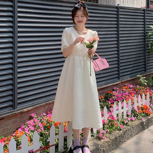 Pekanbaru Dress Bubble Panjang Tali Punggung Motif Polos Hitam Putih Lilac Simple Elegan Dress Panjang Lengan Pendek Kasual Berkualitas Simple