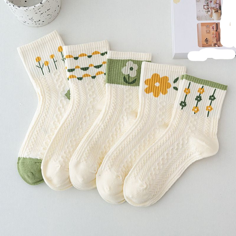 Pekanbaru Kaos Kaki Knit Hijau Bunga Daun Base Putih Cream Import Sock High Quality Cute Soft Green Korean Style