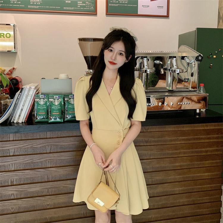 Pekanbaru Dress Formal Wanita V Neck Collar French Style Pink Kuning Hitam Simple Elegan Casual Gaun Pendek Warna Soft Berkerah High Quality A-Line Dress Berkualitas Korean Style