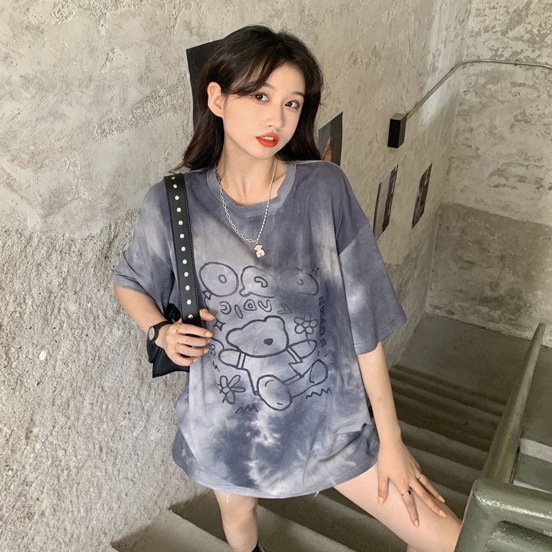 Pekanbaru Kaos Oversize Baloon Tie Dye Blue Purple Grey Beruang Bunga Sablon Berkualitas T-shirt Couple Unisex Lucu Unik Soft Color Baju Tumblr Two Tone Korean Style