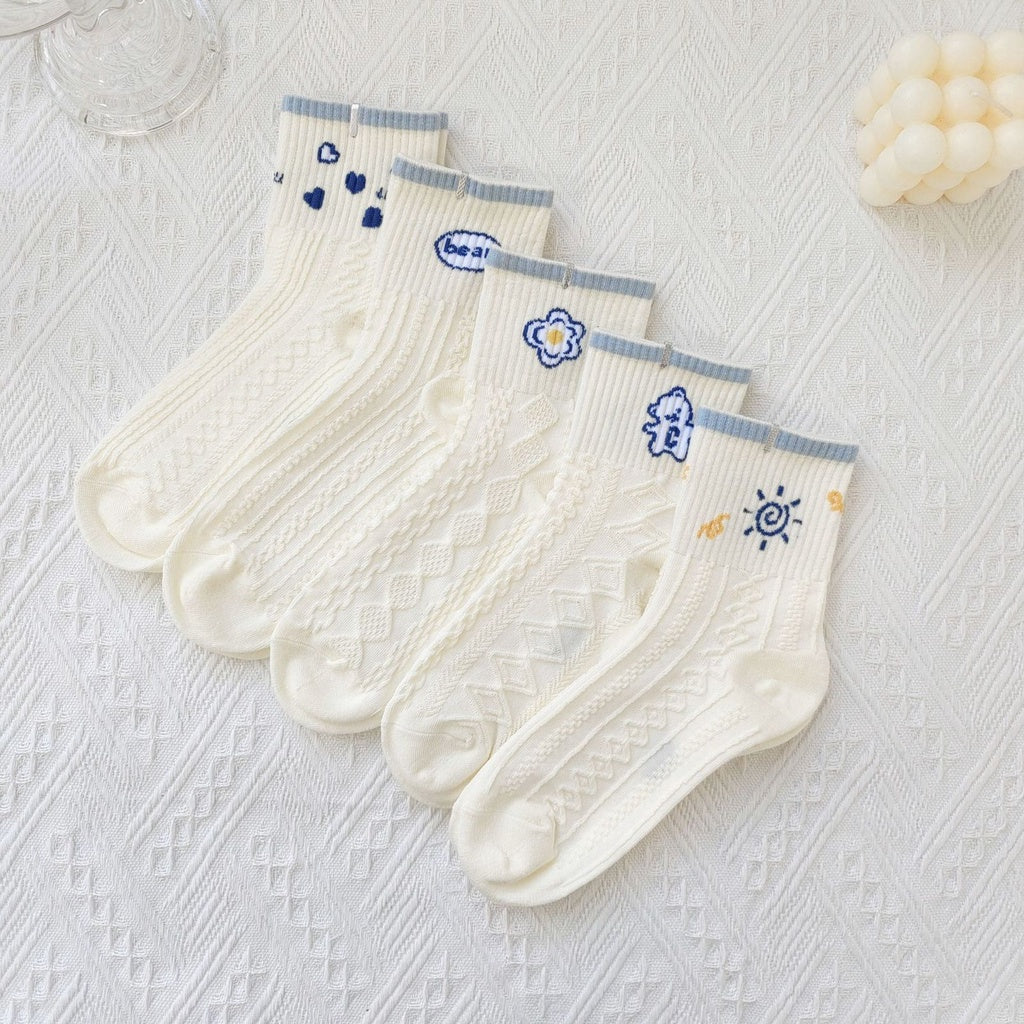 Pekanbaru Kaos Kaki Rajut Biru Base Putih Cream White Knit Blue Love Bear Sun Import Sock High Quality Korean Style