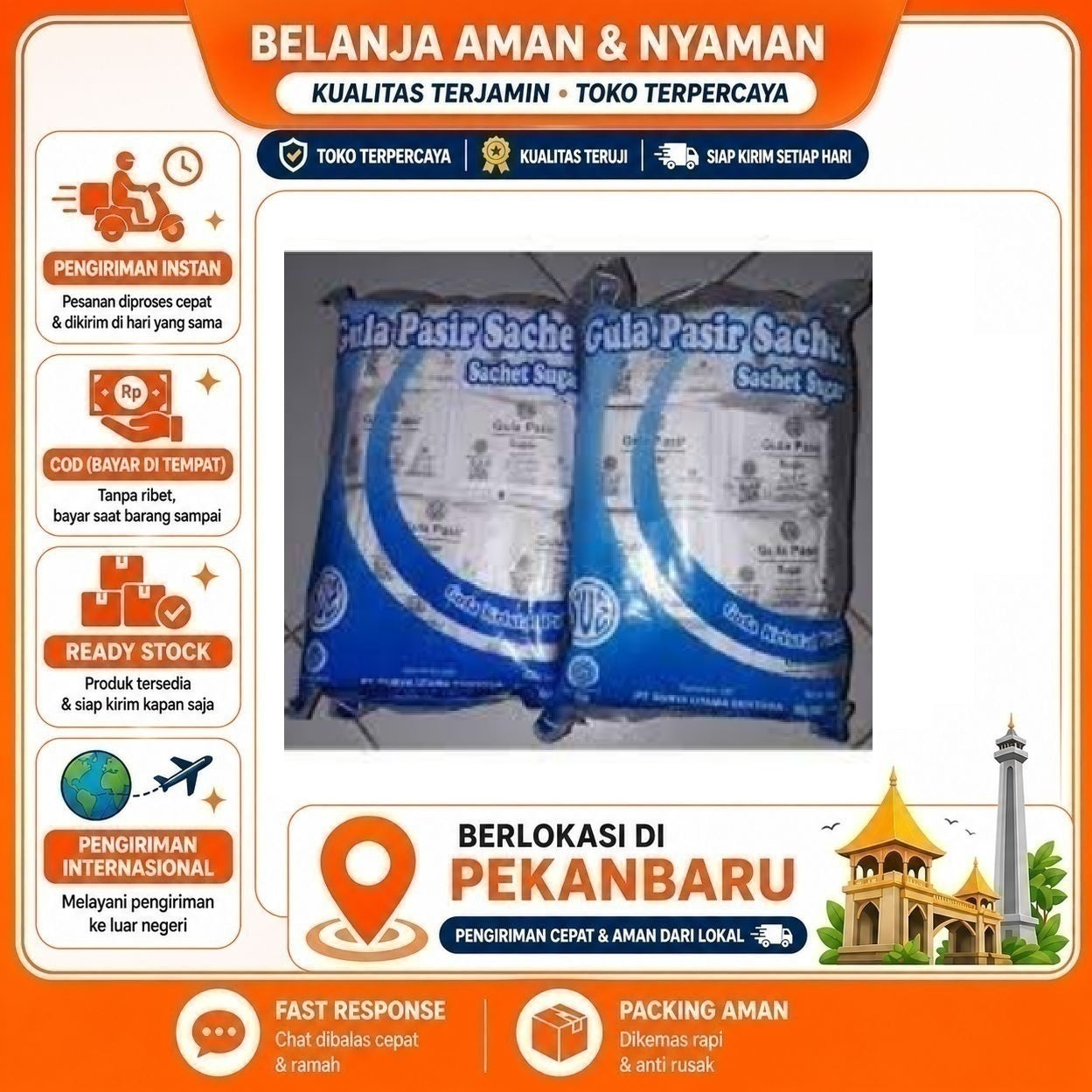 Pekanbaru 8 Gram x 250 Pcs Gula Pasir Sachet Sugar Sachet Gula Saset Bahan Makanan & Minuman