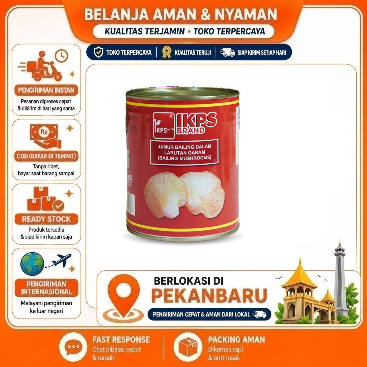 Pekanbaru 850 Gram IKPS Brand Bailing Mushroom Jamur Dalam Larutan Garam Kemasan Kaleng Halal