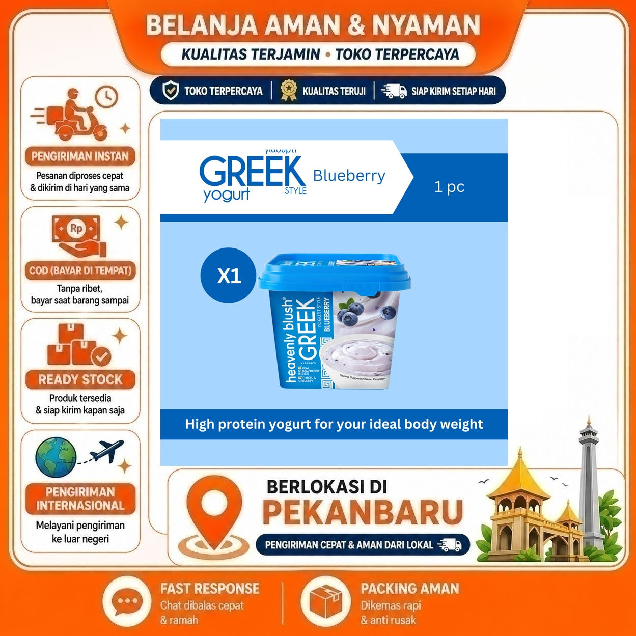 Pekanbaru 300 gr Heavenly Blush Greek Yogurt Blueberry Flavour Yoghurt Rasa Blueberi Low Fat