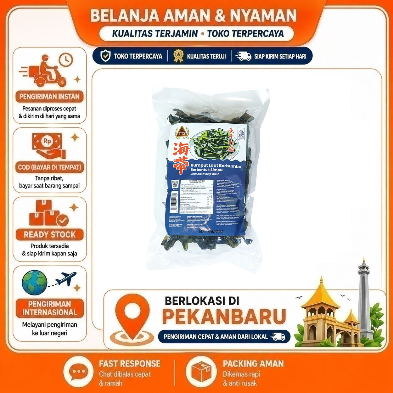 Pekanbaru 80 gr TTS Seasoned Kelp Knot Rumput Laut Berbumbu Berbentuk Simpul Seaweed Halal 80g