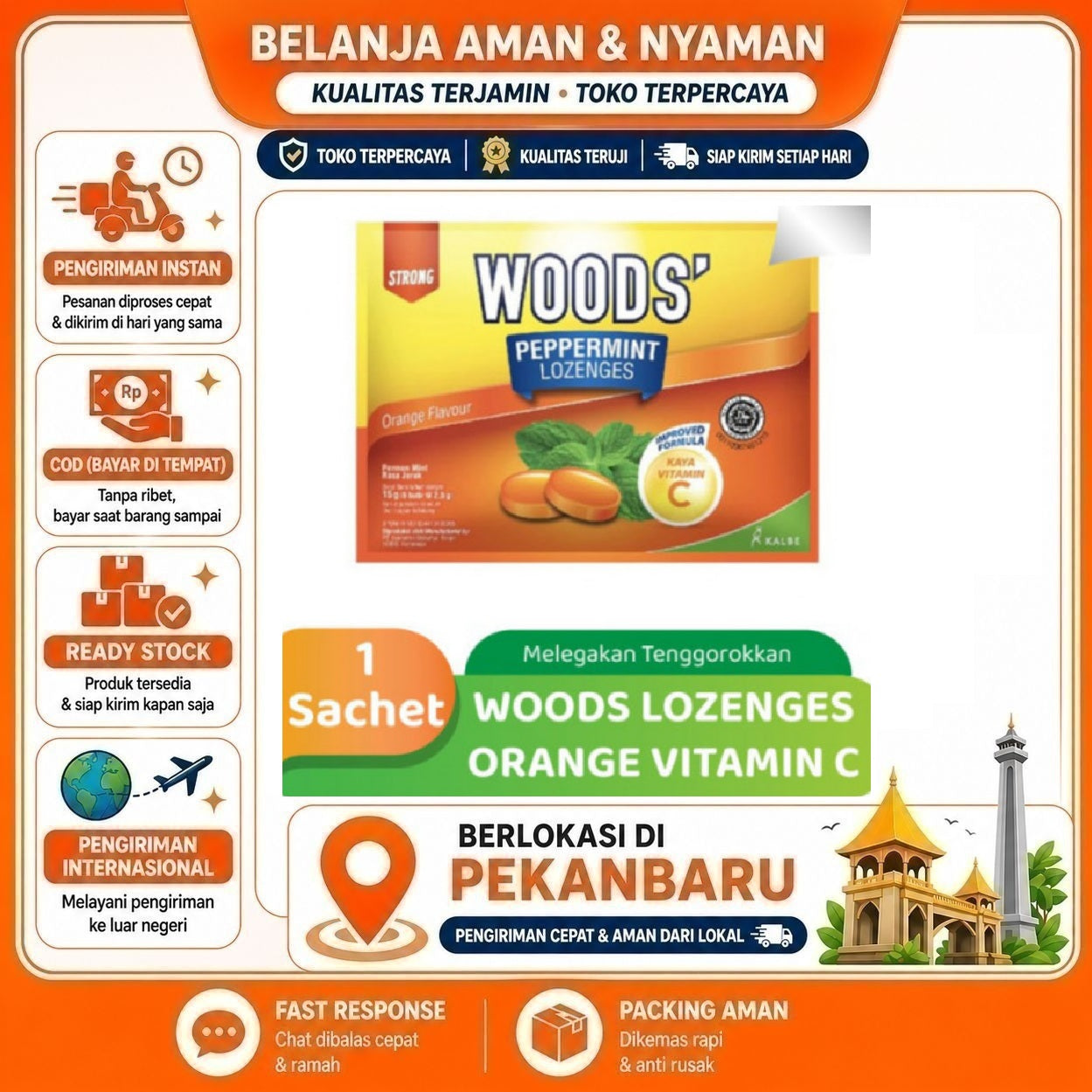 Pekanbaru Wood's Peppermint Lozenges Orange Flavour Strong Permen Rasa Buah Jeruk Segar Halal