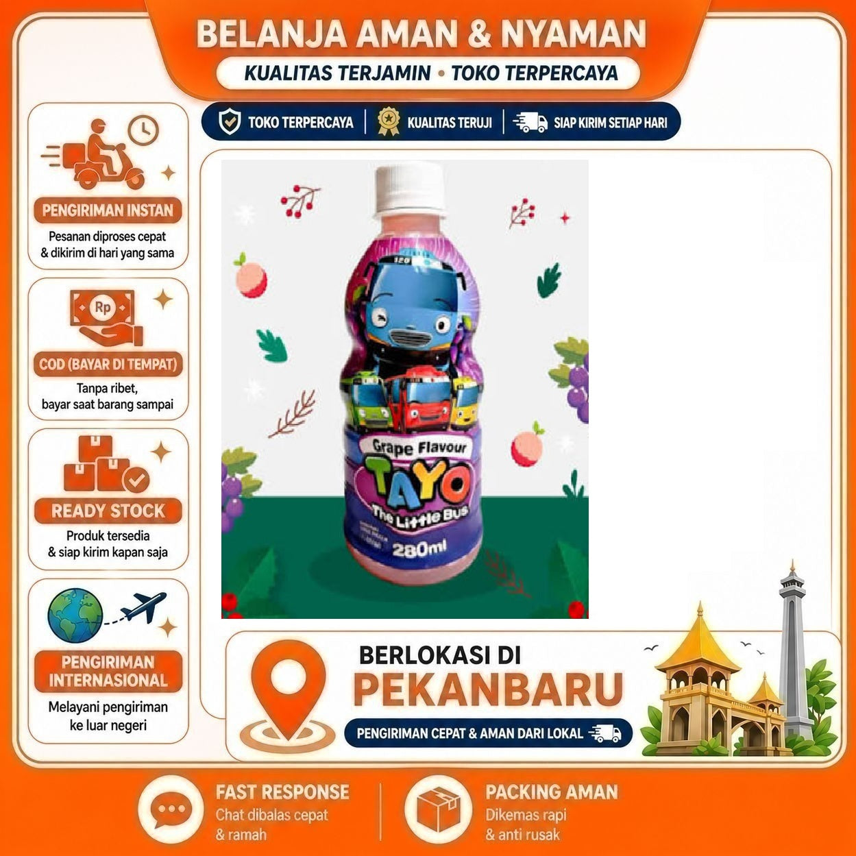 Pekanbaru 280ml Tayo The Little Bus Grape Flavour Minuman Anak Rasa Buah Anggur Botol Plastik