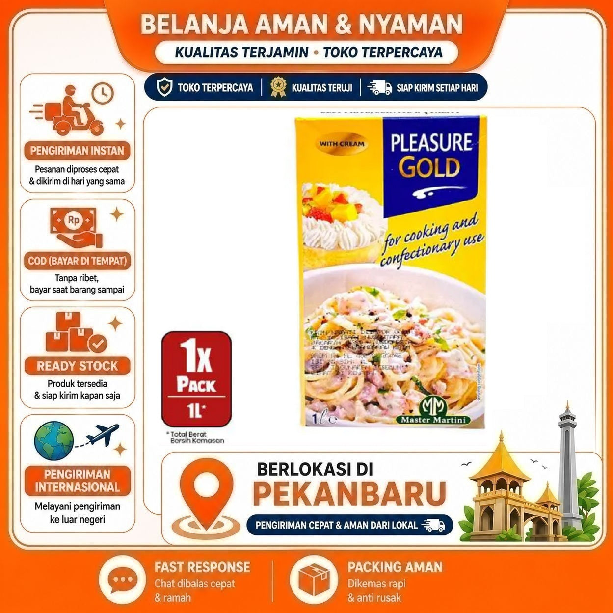 Pekanbaru 1 Liter Pleasure Gold Whip Cream For Cooking & Confectionary Use Bahan Kue Masak