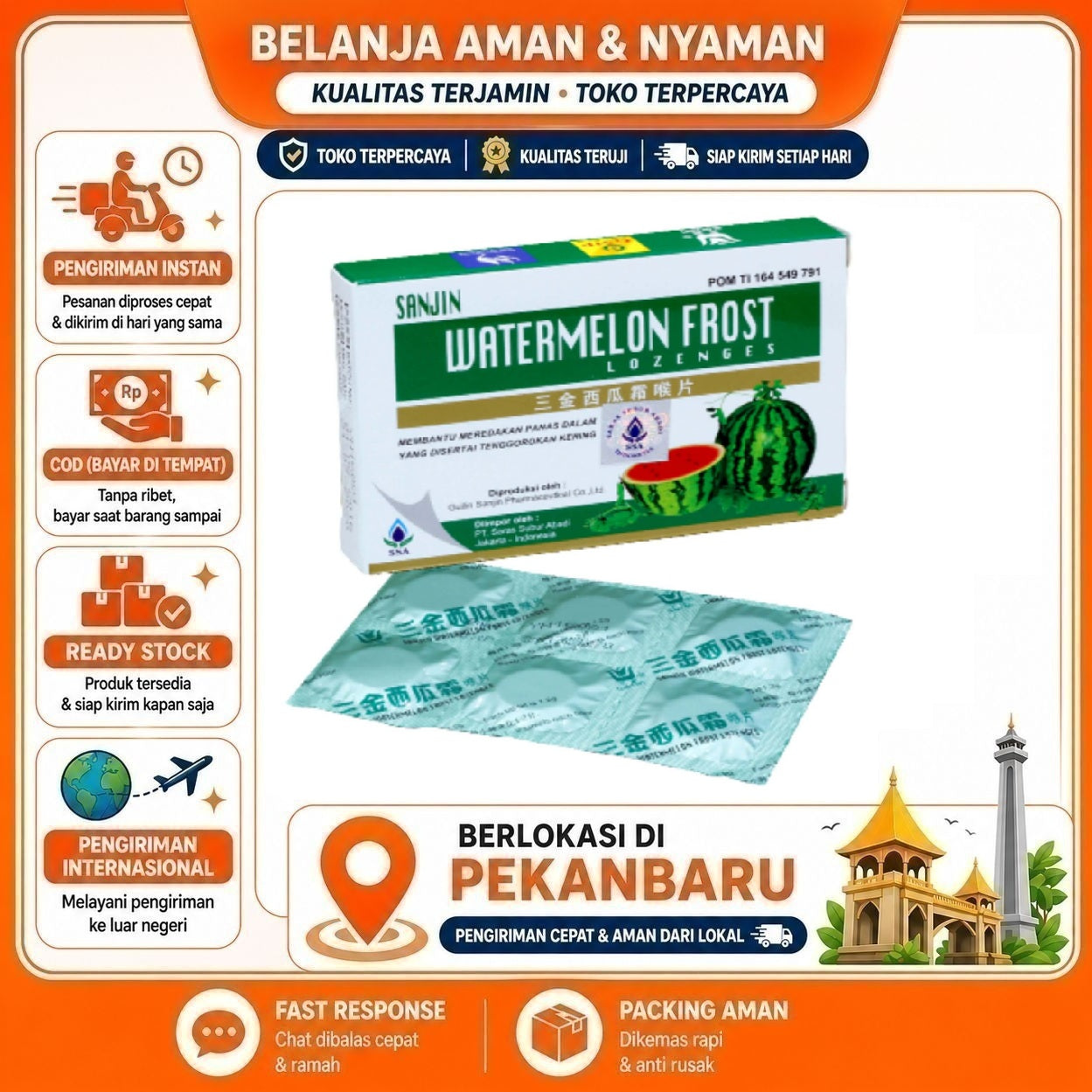 Pekanbaru 12 Tablet Permen Sanjin Watermelon Frost Lozenges Semangka Dingin Camilan Sehat Enak