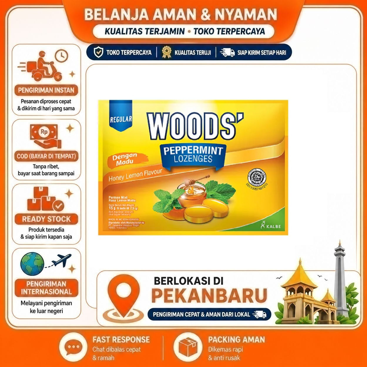 Pekanbaru Wood's Peppermint Lozenges Honey Lemon Flavour Extra Strong Permen Rasa Madu Segar
