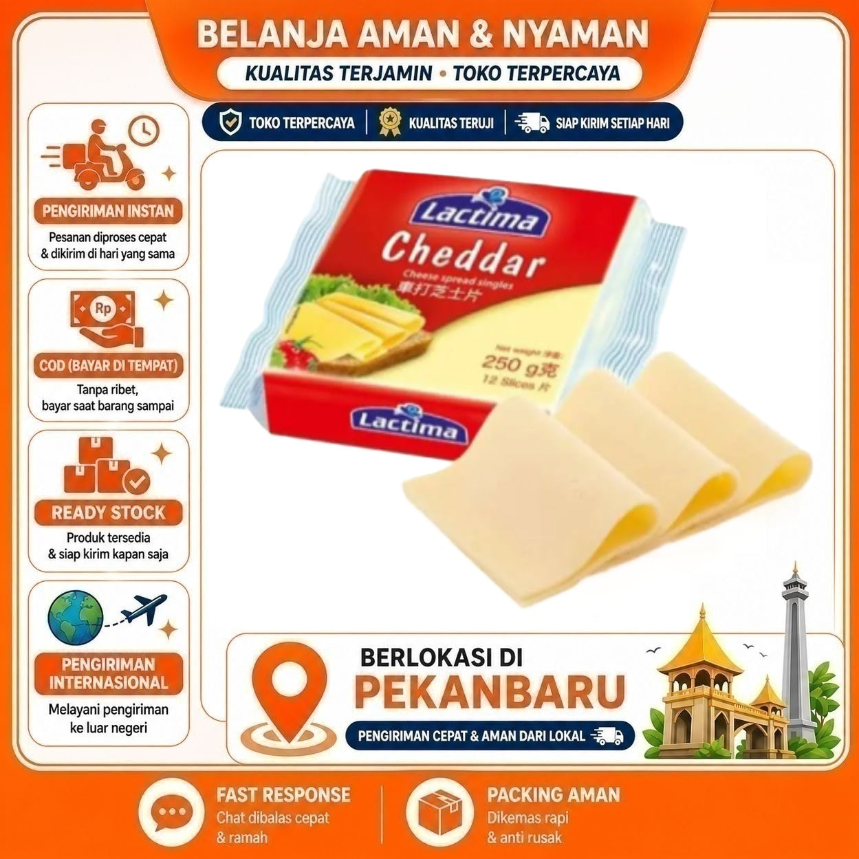 Pekanbaru 250 gr Lactima Cheddar Spread Singles Processed Cheese Slice Potongan Keju Olahan