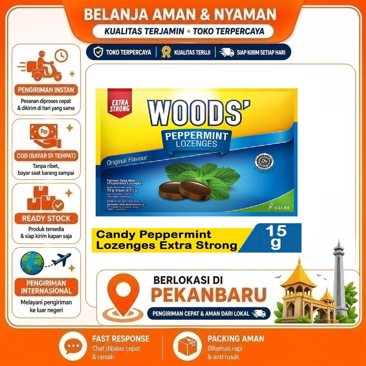 Pekanbaru Wood's Peppermint Lozenges Original Flavour Extra Strong Permen Rasa Mint Segar