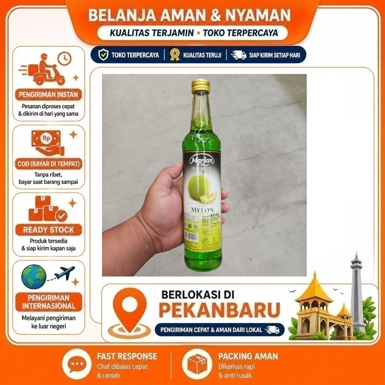 Pekanbaru 460ml Marjan Boudoin Melon Sirup Minuman Mix Drink Syrup Kemasan Botol Kaca Halal