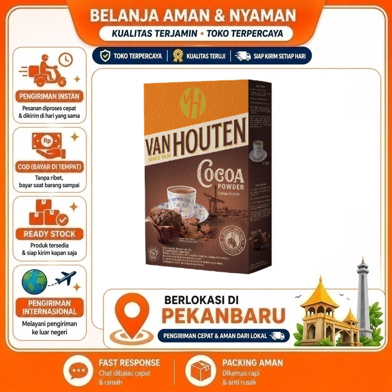 Pekanbaru Van Houten Cocoa Powder 40g Bubuk Kakao Kaya Rasa, Aroma Nikmat, Tekstur Halus Halal