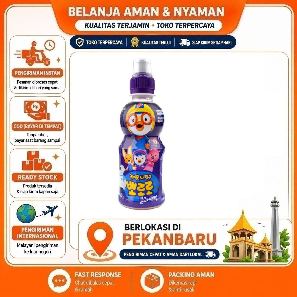 Pekanbaru 235ml Pororo Blueberry Flavour Minuman Anak Rasa Buah Bluberi Kemasan Botol Praktis
