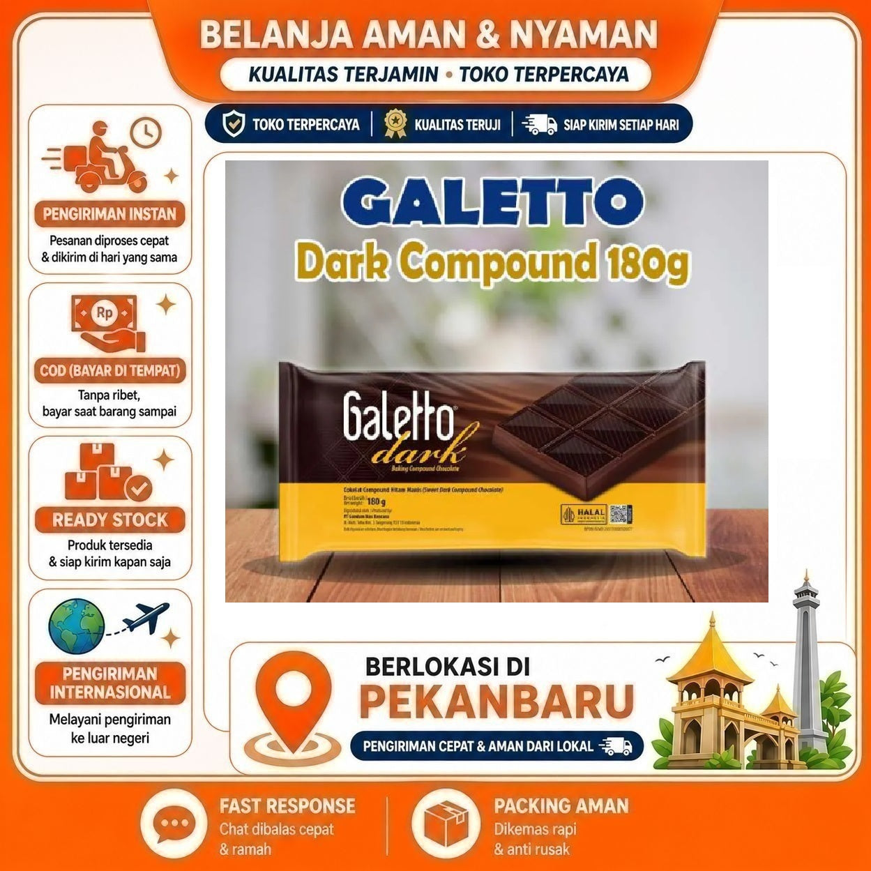Pekanbaru 180 Gram Galetto Dark Baking Compound Chocolate Cokelat Hitam Manis Bahan Kue Halal