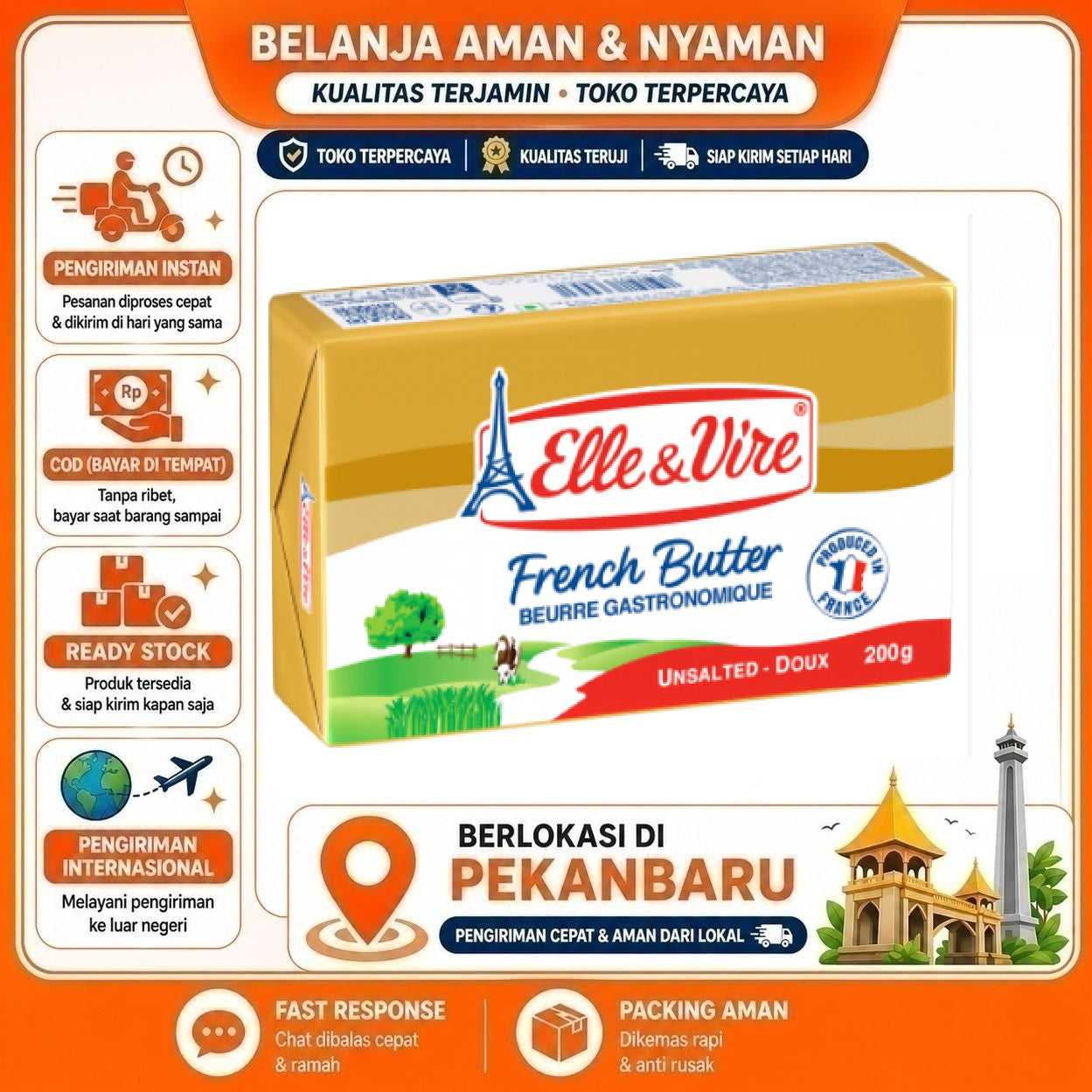 Pekanbaru 200 gr Elle & Vire Unsalted French Butter Beurre Gastronomique Mentega Tawar Halal