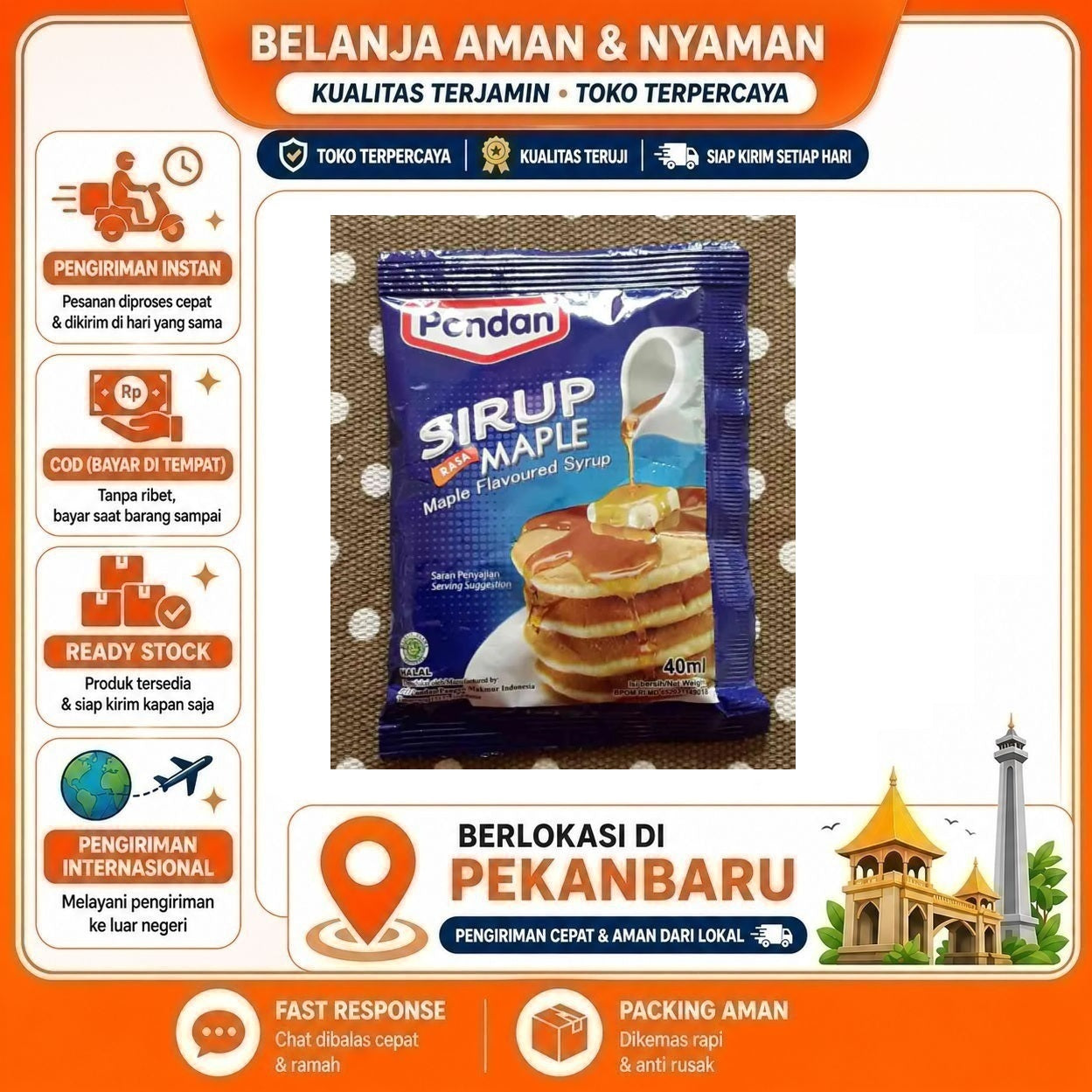 Pekanbaru 40ml Pondan Sirup Rasa Maple Flavoured Syrup Bahan Dekorasi Kue Pancake Mix Halal