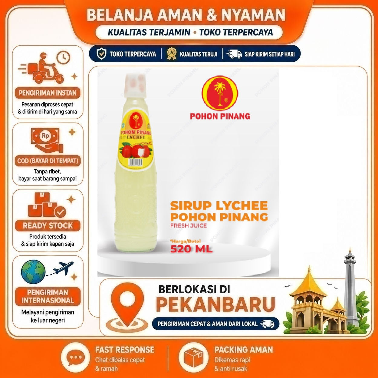 Pekanbaru 520ml Pohon Pinang Sirup Rasa Buah Leci Segar Lychee Fruit Syrup Kemasan Botol Kaca