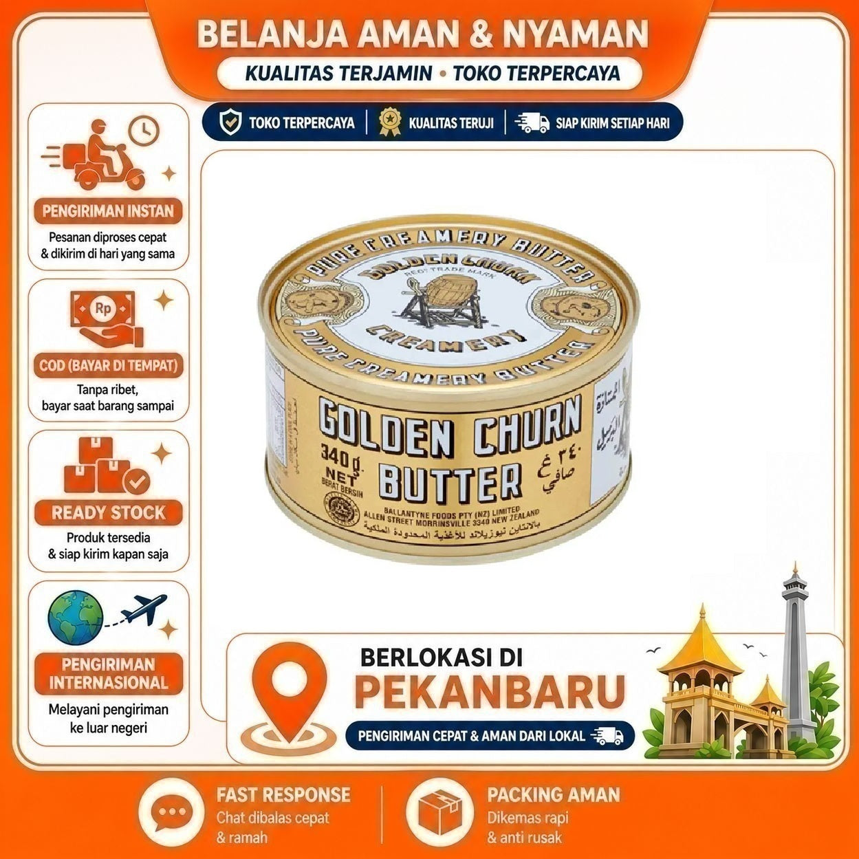 Pekanbaru 340 Gram Golden Churn Pure Creamy Butter Mentega Tawar Logo Gambar Cap Tong Kaleng