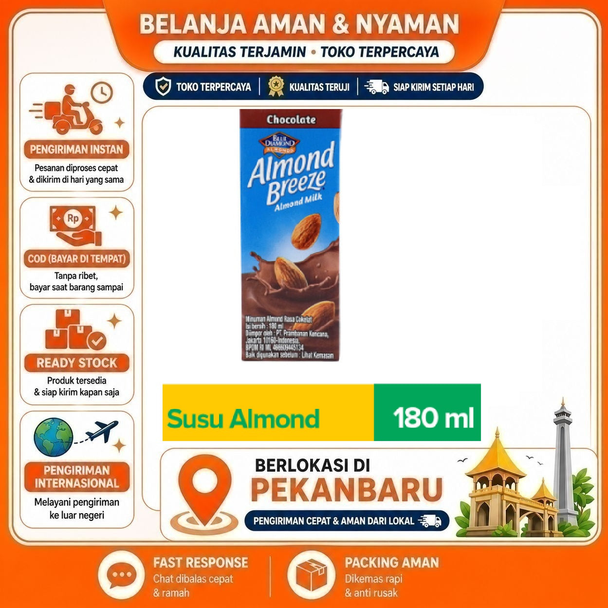 Pekanbaru 180ml Almond Breeze Milk Chocolate Flavor Blue Diamond Minuman Susu Non-Dairy Coklat