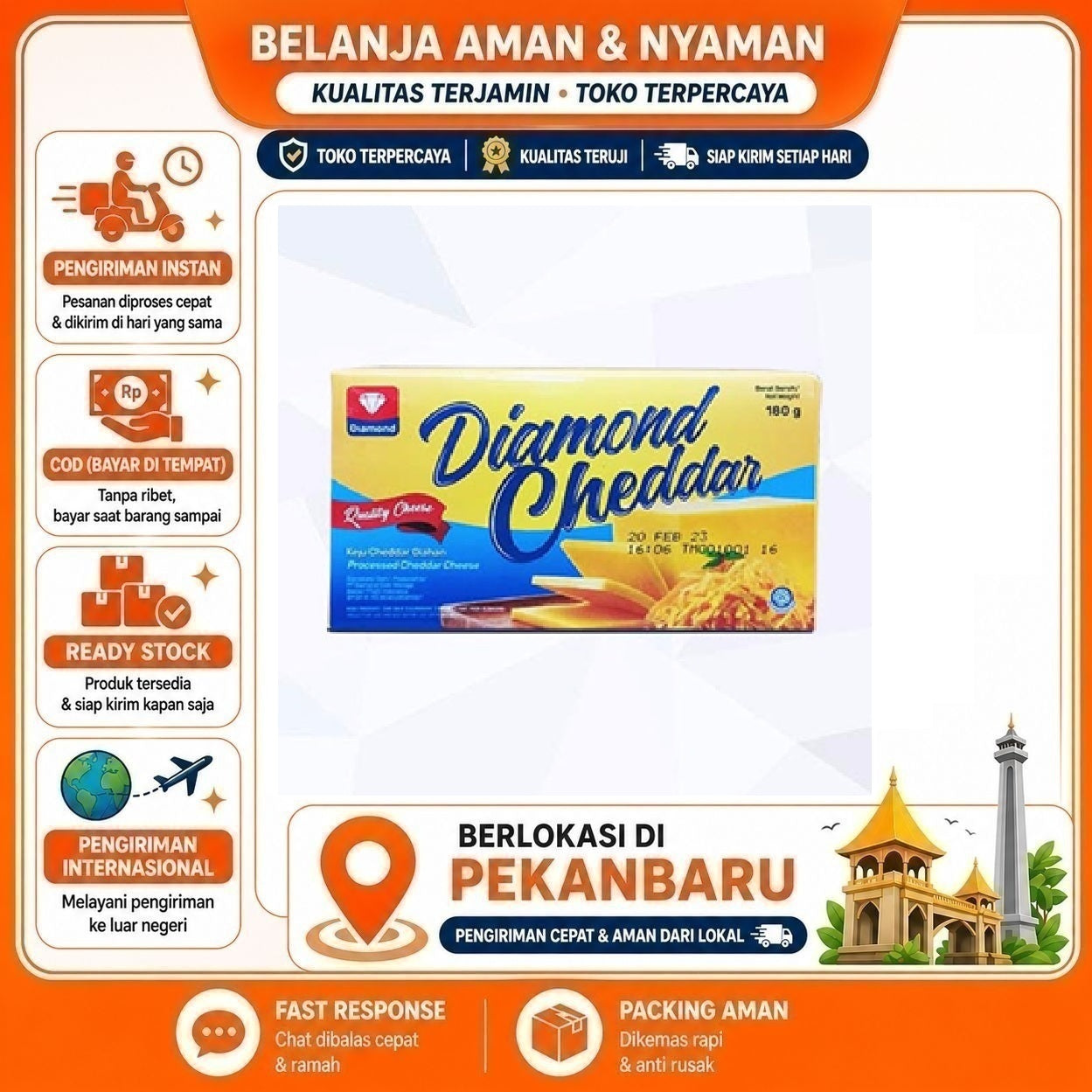 Pekanbaru 180 Gram Diamond Cheddar Cheese Quality Processed Keju Cedar Olahan Balok Halal Enak